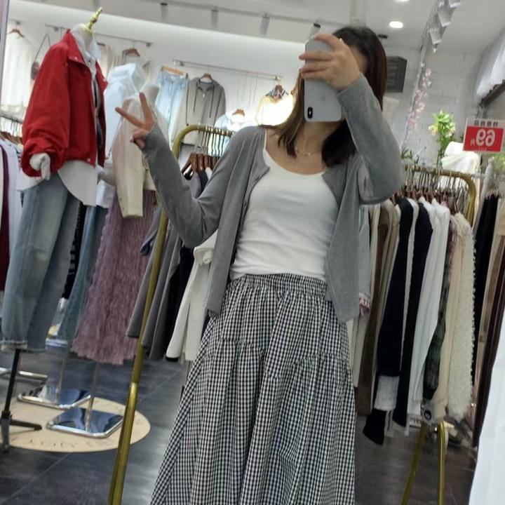 春夏新品外搭背心半身裙小清新格子三件套套装减龄校园风淑女气质