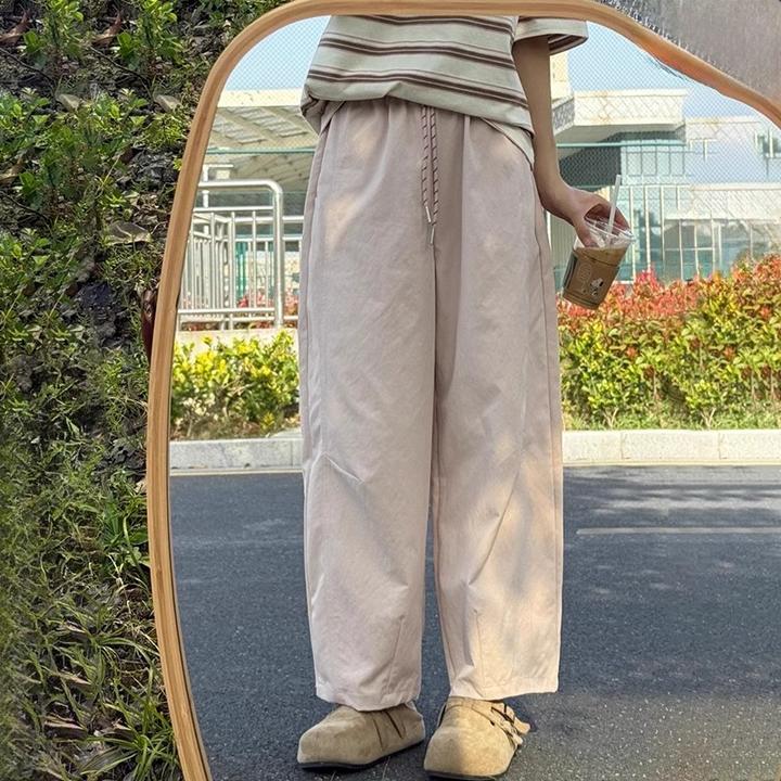 粉色休闲裤女高腰胖mm宽松遮胯显瘦百搭a字辣妹九分日系气球裤