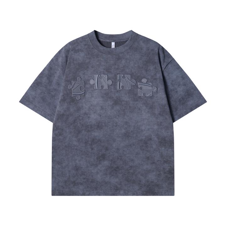 夏季高级感新款潮牌扎染拼图刺绣圆领短袖T恤百搭潮流套头上衣