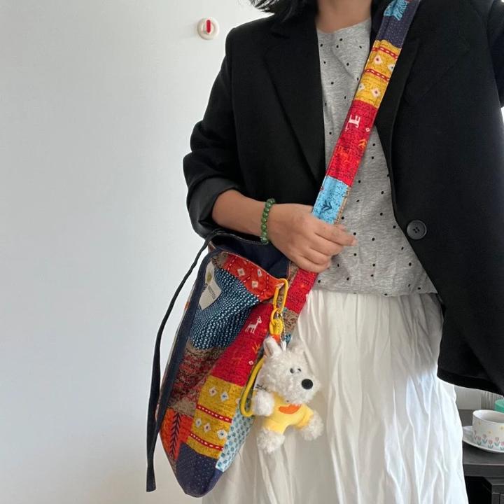 2025春夏新款正反两用牛仔包民族风拼布包波西米亚单肩斜挎包双面