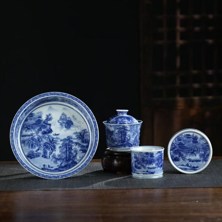 景德镇陶瓷青花重工山水春山图釉下整套功夫茶茶具套组盖碗壶承