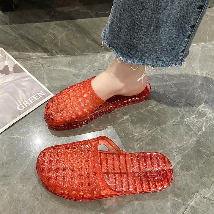 透明新款女生水晶拖鞋网红爆款镂空平底防滑速干浴室防臭包头拖鞋
