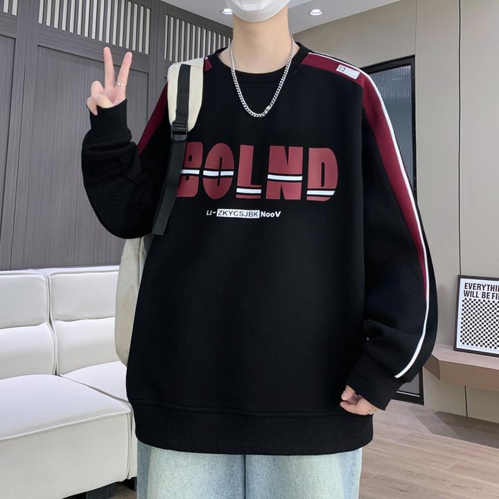 圆领卫衣男春秋季撞色拼接长袖t恤男士打底衫青少年休闲套头上衣