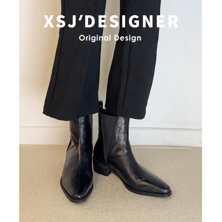 【官网小C&K旗舰店】小众尖头粗跟短靴女2025秋冬新款弹力切尔西