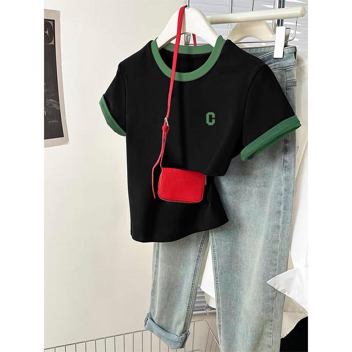 2025夏季爆款撞色正肩短袖t恤女装ins小众时尚百搭洋气减龄上衣潮