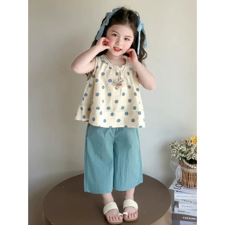 女童圆点套装夏季2025新款儿童洋气时髦背心宝宝阔腿裤夏装两件套