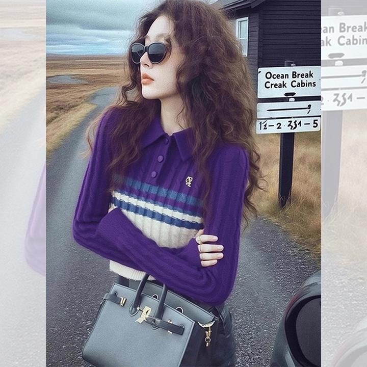 别致独特漂亮内搭紫色条纹polo针织小衫毛衣女装秋冬洋气高贵上衣