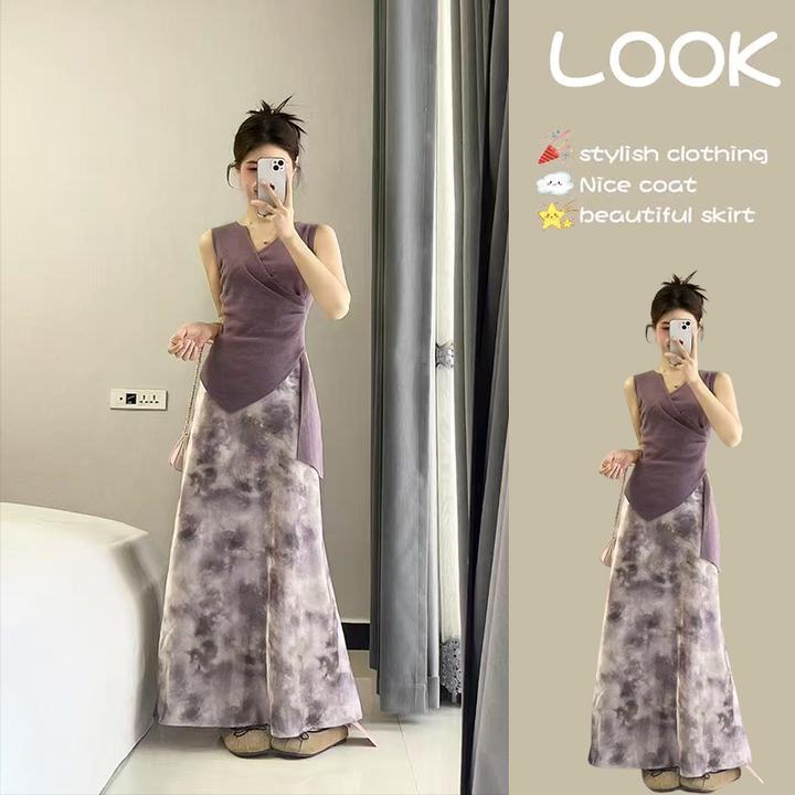 2025夏季新款套装女设计感不规则紫色无袖上衣搭紫色半身裙两件套