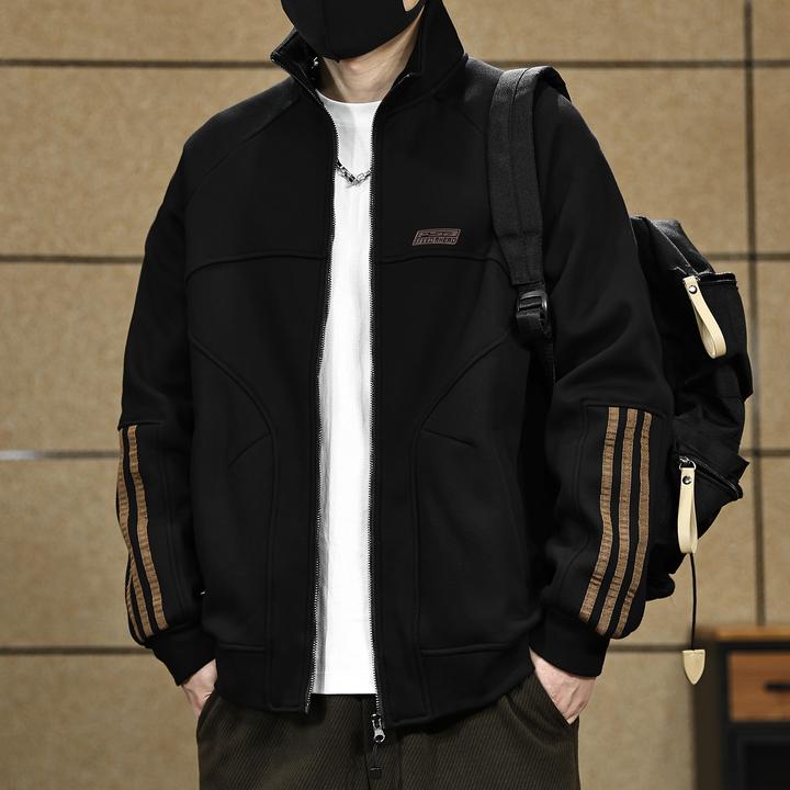 高端美式加绒开衫卫衣男士秋冬季新款潮流立领拼接休闲夹克外套男