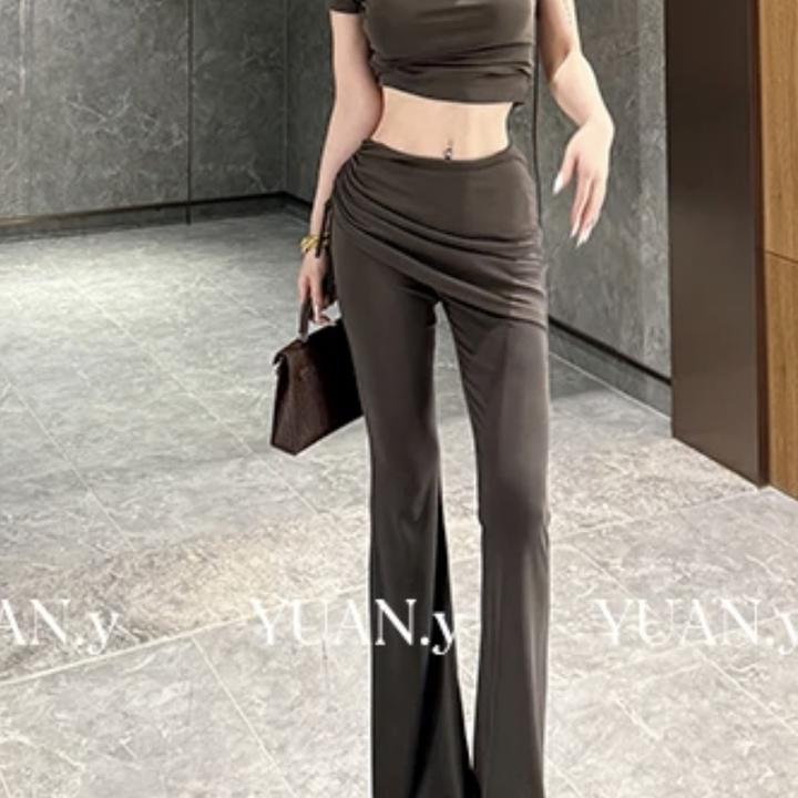 短袖上衣辣妹套装女2025夏季高腰显瘦微喇假两件长裤纯欲两件套