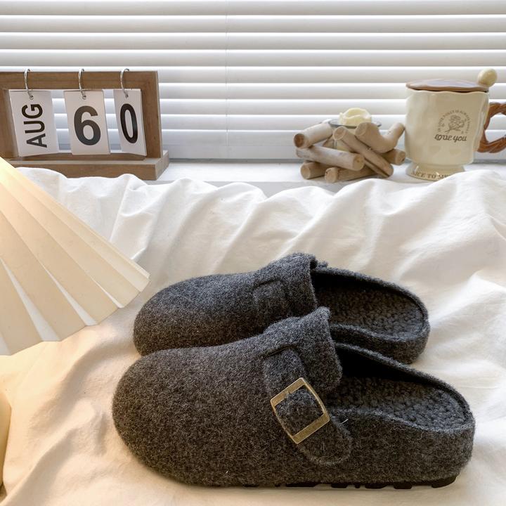 厚底灰色勃肯鞋加绒包头半拖鞋女外穿2025新款秋冬内增高毛毛棉拖