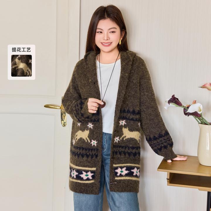 MsShe大码女装冬装连帽费尔岛提花加厚毛衣外套Q2512017