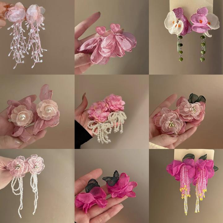 铜合金锆石耳饰 银针粉色花朵耳钉小众高级感气质耳环轻奢文
