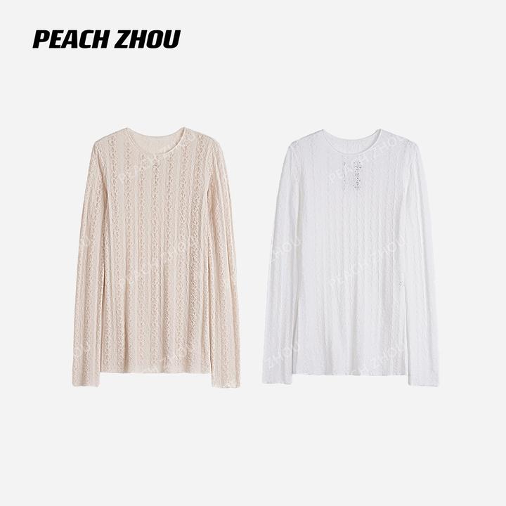 『PEACHZHOU』肌理蕾丝镂空修身圆领针织衫温柔纯欲小众毛织长袖女