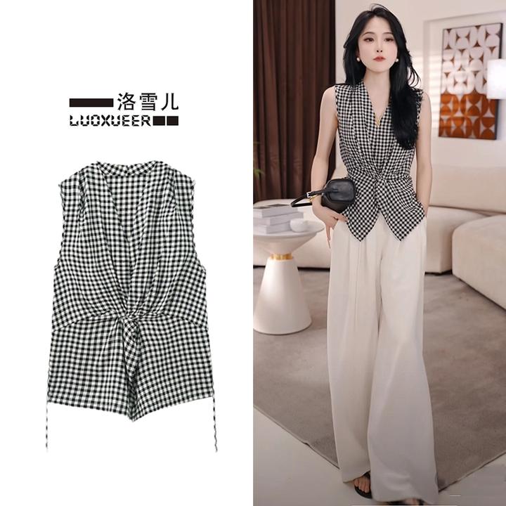 设计感扭结黑白格子背心2025夏季新款衬衫女收腰显瘦无袖上衣