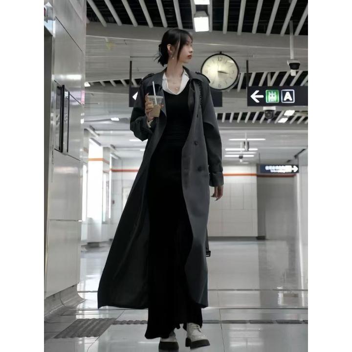 高个子超长款灰色风衣春秋女款2024新品加长版到脚踝大衣外套大码