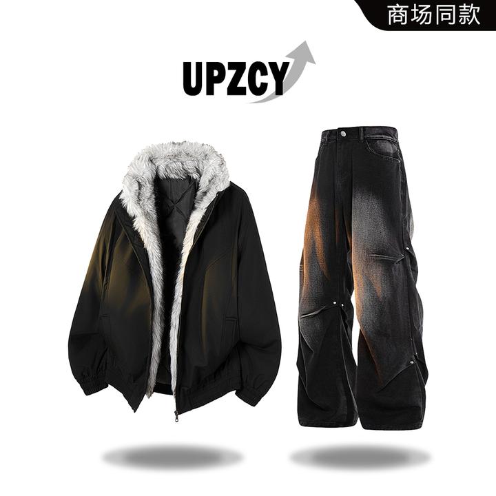 UPZCY美式座山雕棉衣套装男冬季宽松休闲痞帅上衣潮流压褶牛仔裤