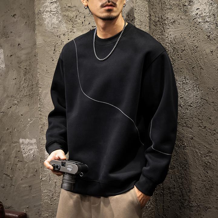 MR.MUDI/穆迪先生无帽圆领卫衣男士春秋款重磅长袖美式拼接打底衫
