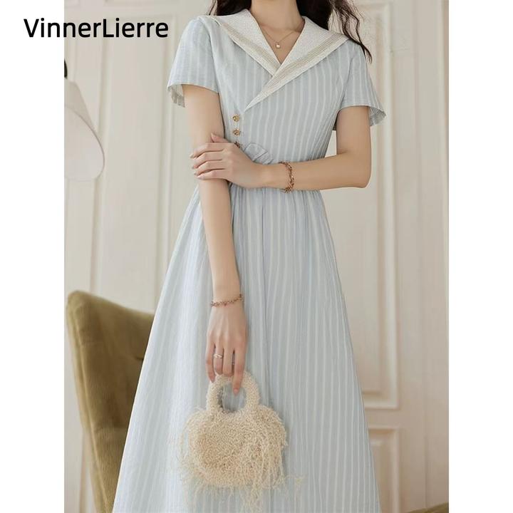 薇妮诺学院风翻领连衣裙夏季日式长裙文艺花边连衣裙法式小众裙子