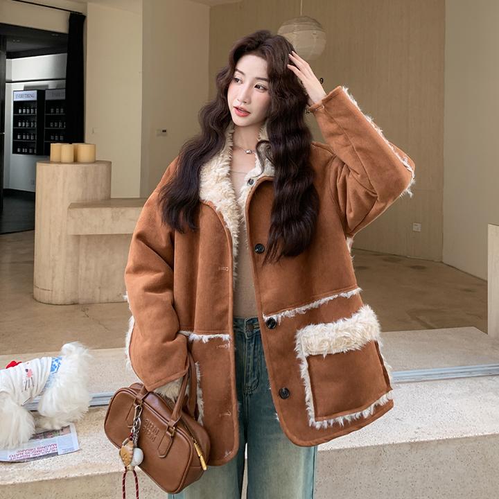 美拉德双面可穿羊羔毛外套女冬季2025新款设计感加绒加厚上衣棉服