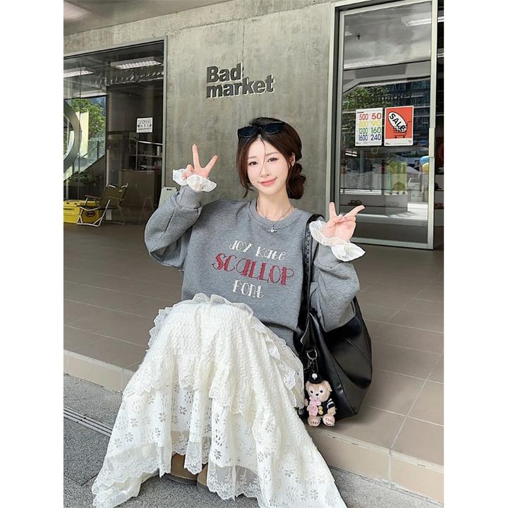 慵懒风灰色圆领套头卫衣女冬季2024新款字母刺绣加绒加厚长袖上衣