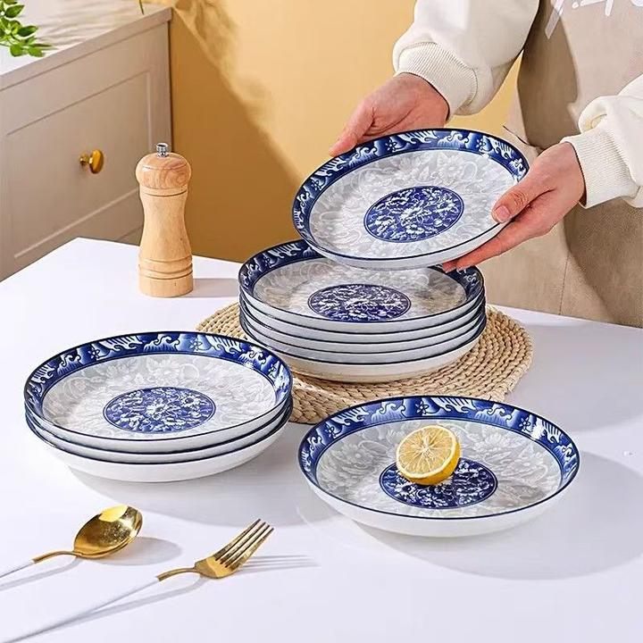 【4只装】青花瓷8英寸盘子健康釉下彩陶瓷餐具网红餐具吃饭碗家用