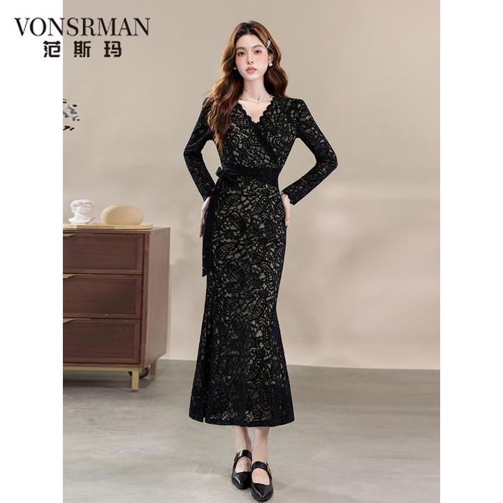 高级感法式名媛气质包臀中长裙2025秋冬季新款收腰显瘦蕾丝连衣裙