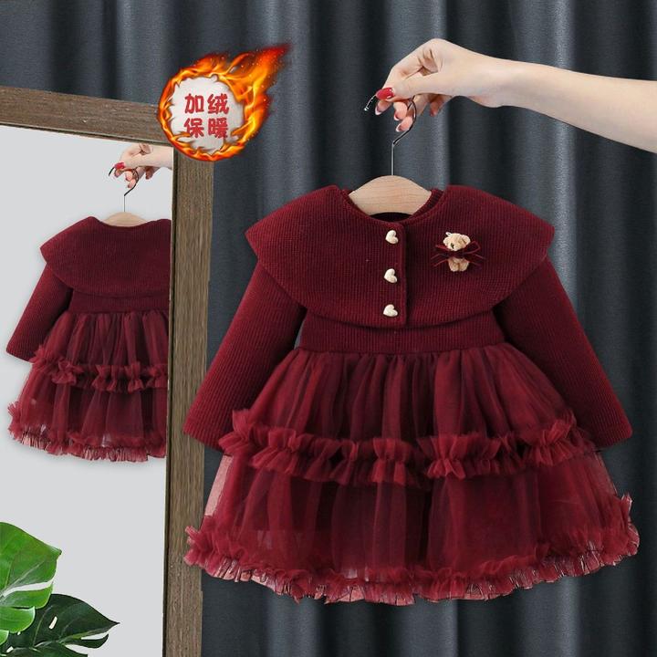 儿童连衣裙冬季新款女孩洋气披肩+连衣裙2件套女童加绒公主裙