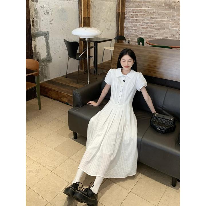 清纯甜美学院风翻领泡泡袖连衣裙夏季收腰气质初恋裙大摆A字长裙