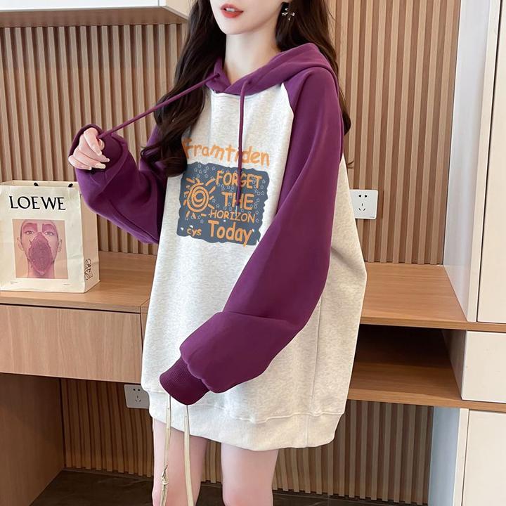 大码女装春秋中长款连帽撞色卫衣女洋气宽松高级感显瘦上衣ins潮