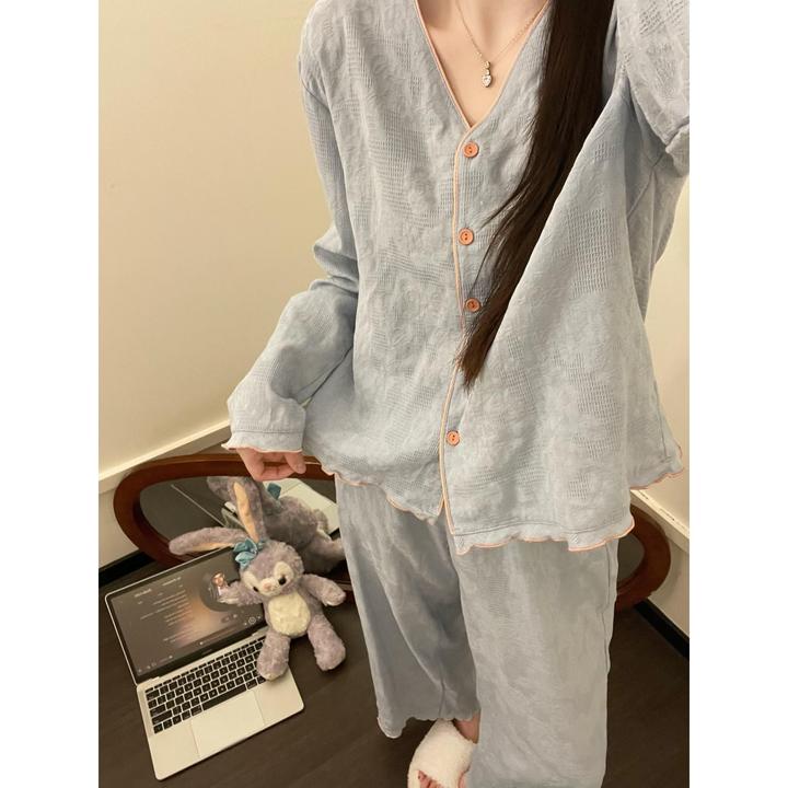 韩系温柔高级感纯色V领可外穿睡衣女春秋新款长袖长裤家居服套装