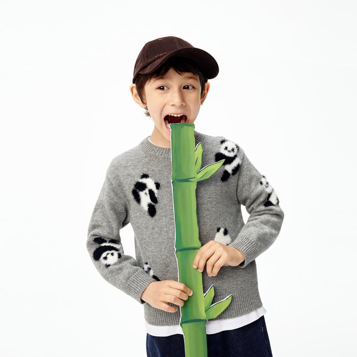 littlemoco童装25冬新款男女童熊猫刺绣毛衣长袖上衣可爱