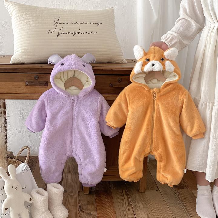 冬季婴儿衣服冬装新生儿宝宝连体衣满月百天加绒超萌可爱毛毛爬服