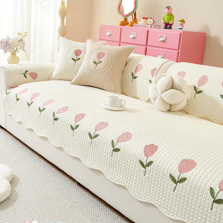 2025新款少女风刺绣全棉沙发垫四季通用防滑沙发套罩奶油风坐垫子