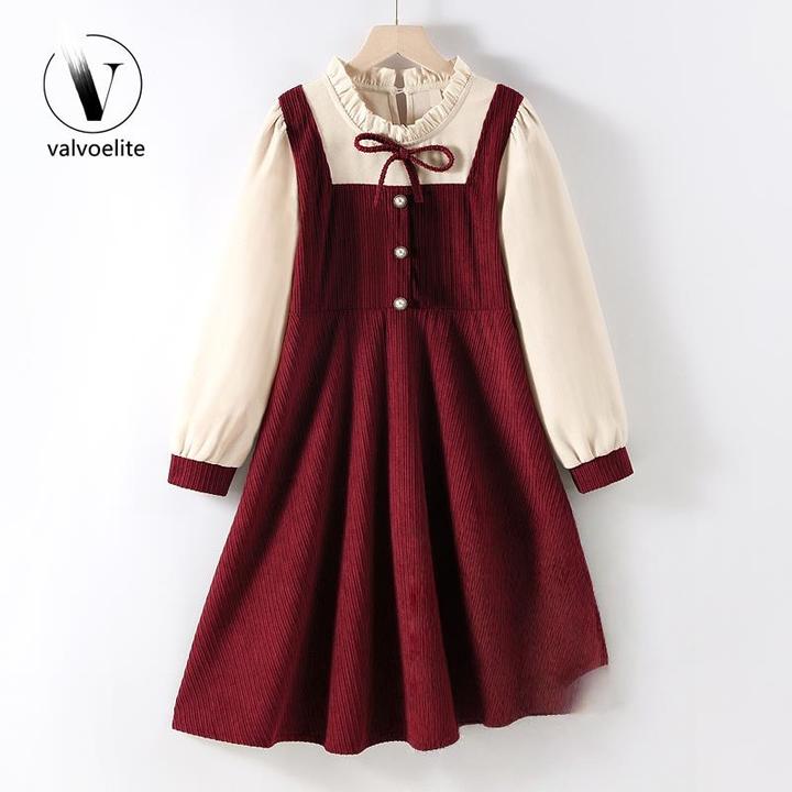 VALVOELITE女童新年连衣裙秋冬款中大童红色灯芯绒裙子洋气公主裙
