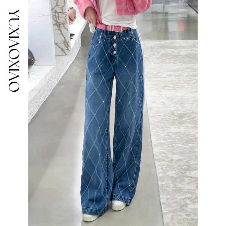 余潇潇【香调菱格】时尚经典高级复古菱格纹理烫钻宽松直筒牛仔裤