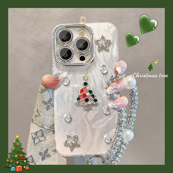 闪钻立体圣诞树手链适用苹果16羽纱手机壳15pro高级感14镜头膜7/8