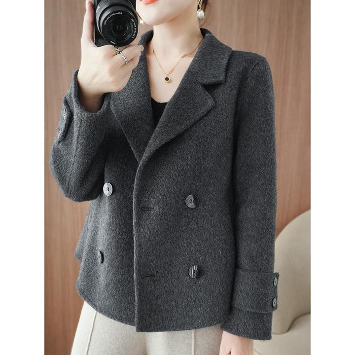 秋冬气质通勤高端纯羊毛外套毛呢女小个子灰色西装领双面羊毛大衣