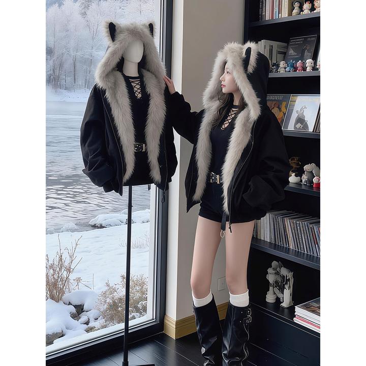 猫耳朵毛领座山雕皮毛一体外套女冬季加绒厚棉服美式短款连帽棉衣