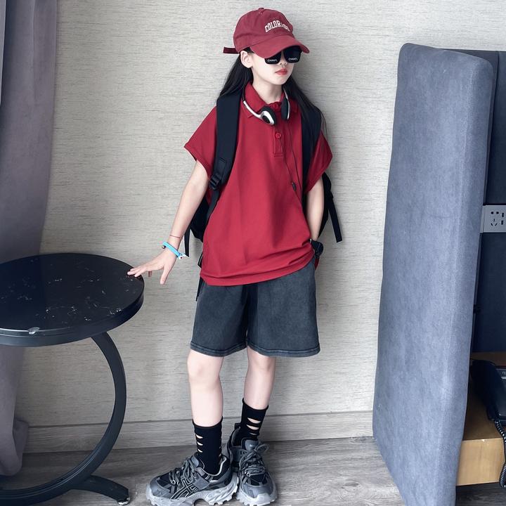 男女童夏季韩版休闲打扮珠地棉蝙蝠袖Polo衫中大童炒色牛仔短裤潮