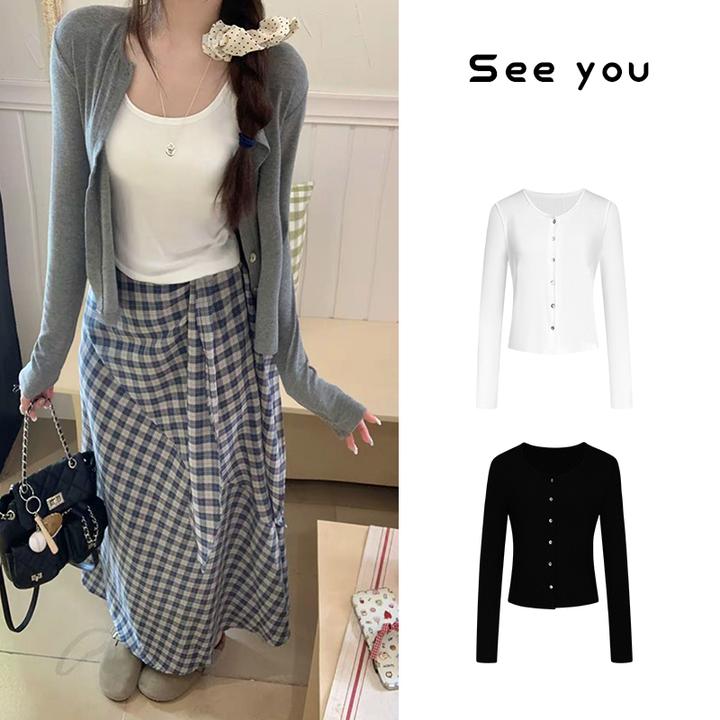 灰色圆领长袖针织开衫女小个子百搭修身显瘦简约短款小衫外套z061