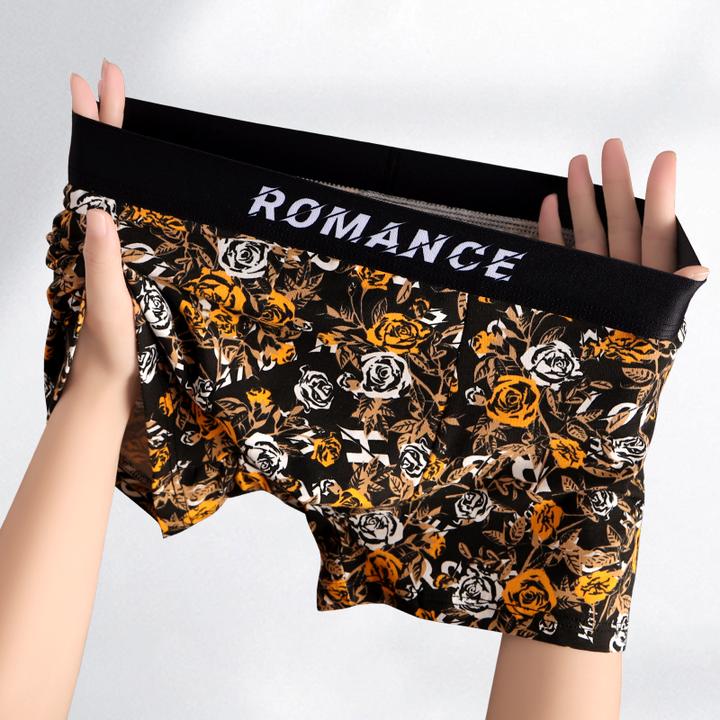 新款潮流玫瑰印花男士内裤棉质平角底裤男生个性舒适透气四角裤