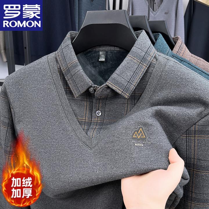 罗蒙秋冬加绒加厚假两件男长袖t恤保暖翻领上衣中年休闲宽松体恤