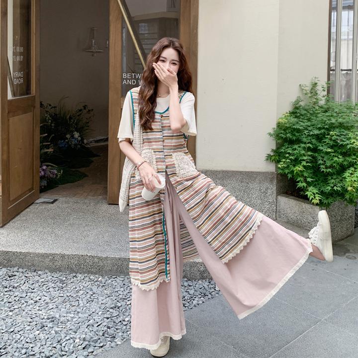 韩系条纹开衫T恤阔腿裤套装2025女夏新款松弛感穿搭慵懒风三件套