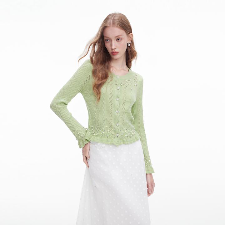 MISSCOCOON可可尼钉珠开衫上衣女2025秋季新款喇叭袖绵羊毛针织衫