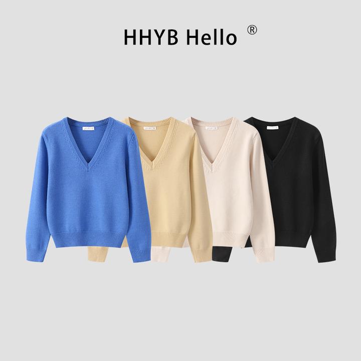HHYB Hello宽松慵懒风套头V领毛衣女2025新款针织衫上衣M1247