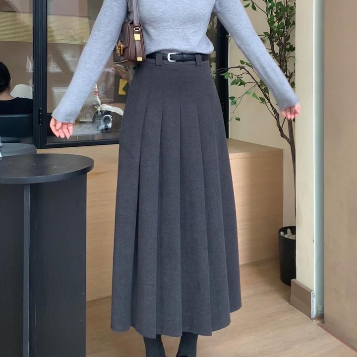 运补小个子秋冬韩系通勤气质百搭遮胯显瘦高腰A字毛呢百褶半身裙