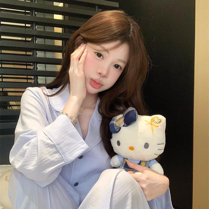 韩系简约纯色小清新翻领纯棉睡衣女秋季新款休闲宽松家居服套装