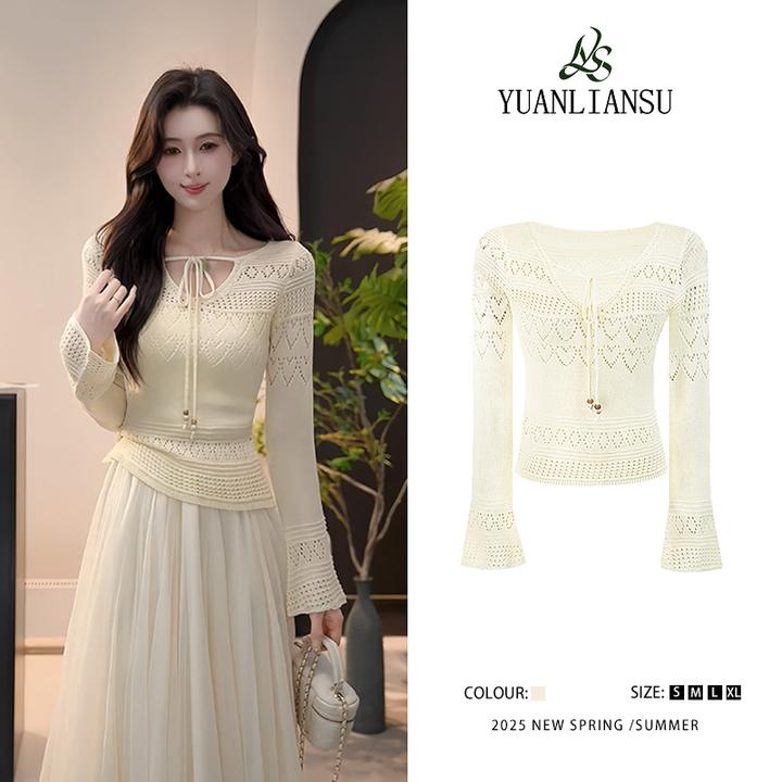 【岚海之约】2025春季温柔镂空系带V领长袖针织衫