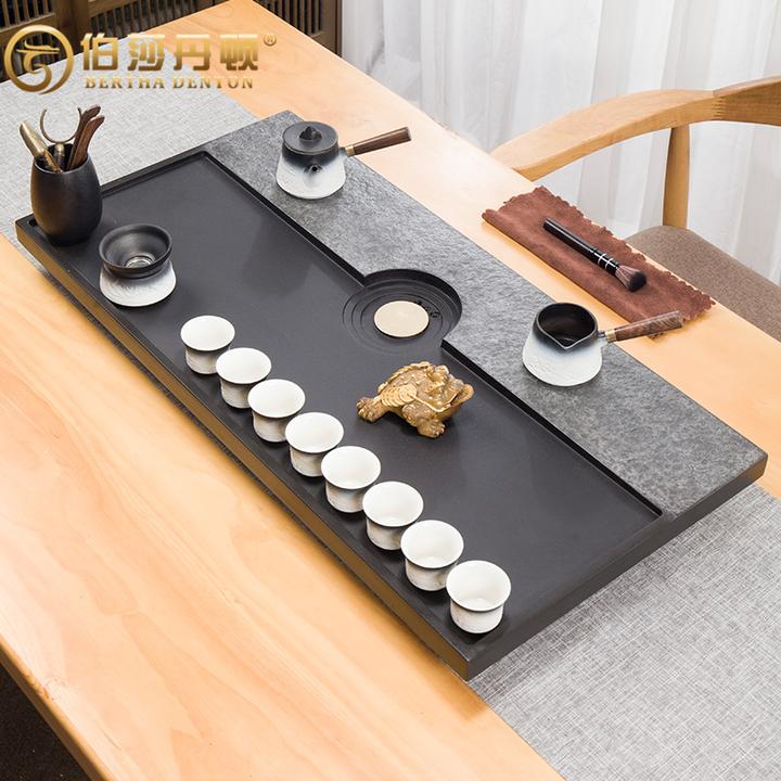 天然乌金石茶盘高档干泡家用创意手工黑色大号石头茶台漏水盘轻奢